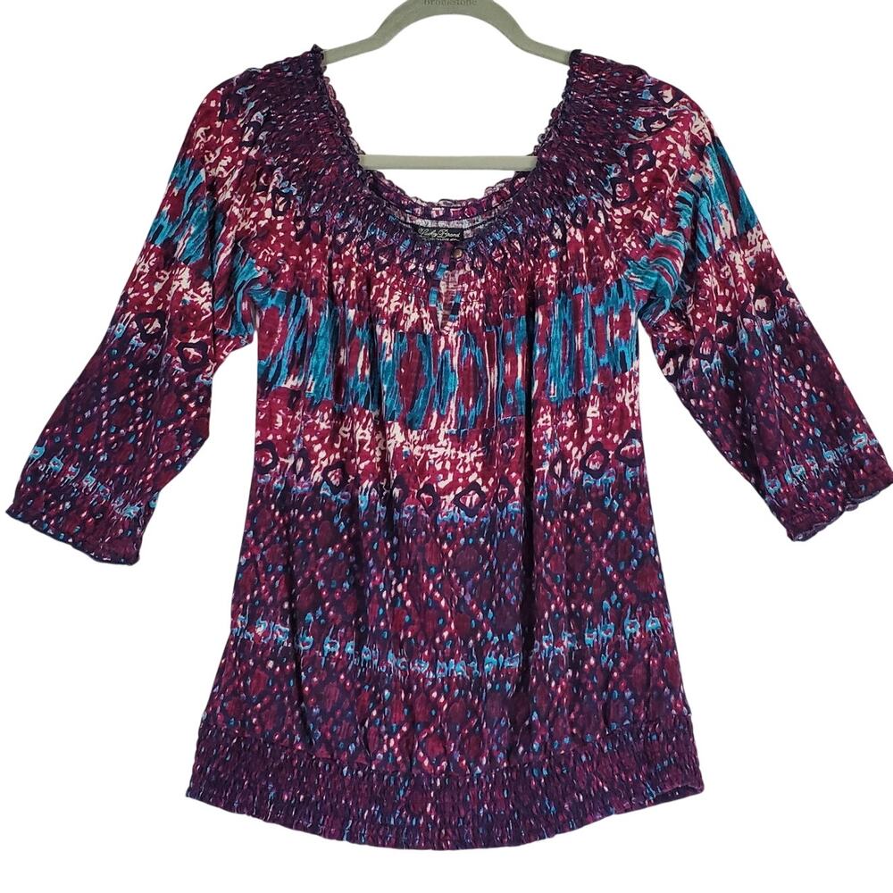Lucky Brand Peasant Blousy Top M Purple Blue Vibrant Stretchy Boho 70's Festival